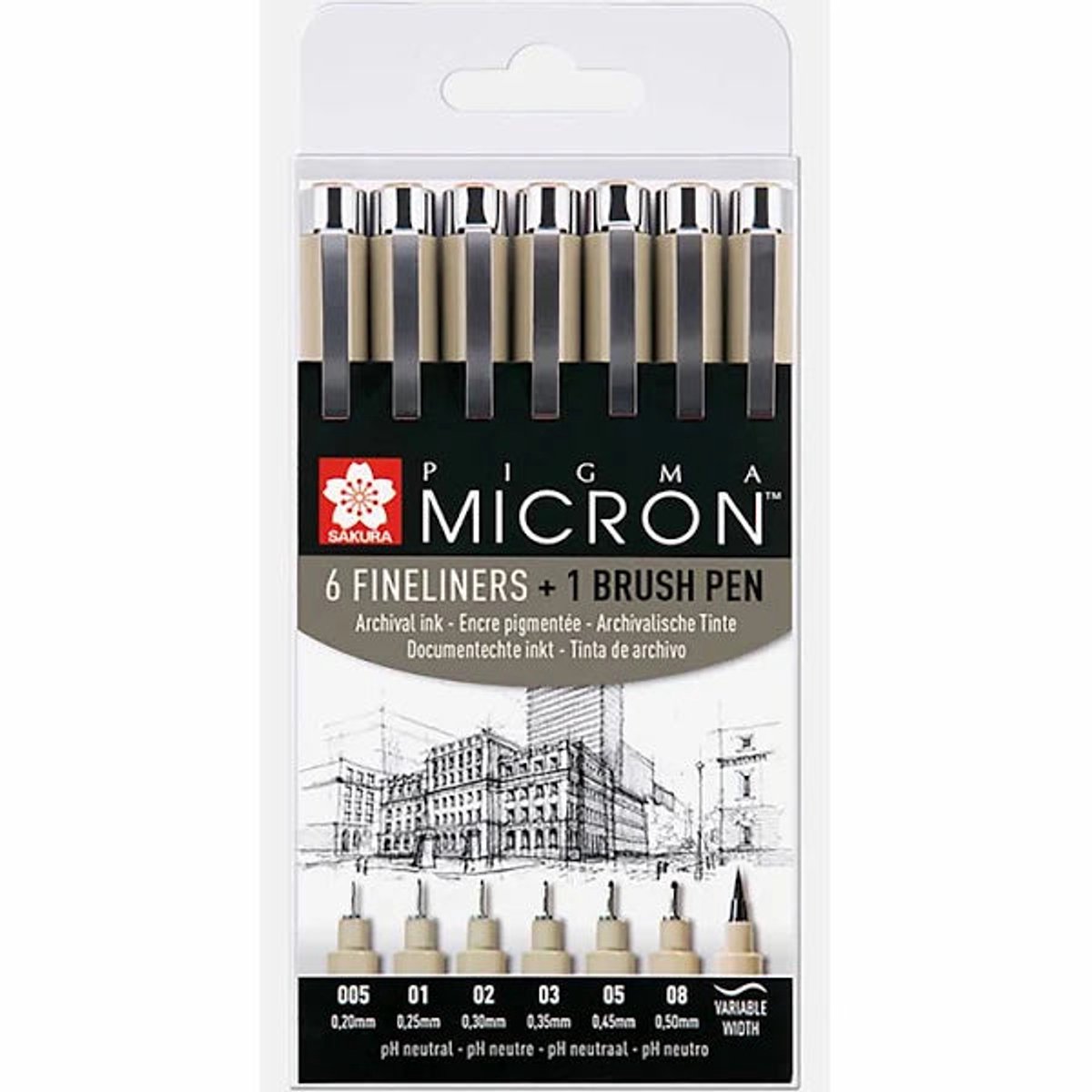 Sakura Pigma Micron fineliners set - 6 fineliners + 1 Pigma penseel — afbeelding 7