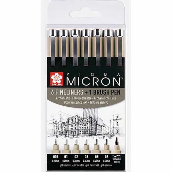 Sakura Pigma Micron fineliners set - 6 fineliners + 1 Pigma penseel