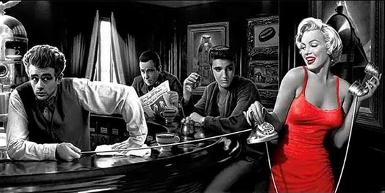 Allernieuwste.nl® Canvas Schilderij Elvis Presley, Marylin Monroe, James Dean - Celebrities - Kleur - 40 x 80 cm