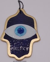Artistiek Handgemaakt Glazen Boze Oog-Hand Ornament met Ketting - Bescherming & Elegantie in Blauw, Wit & Goud, 16cm