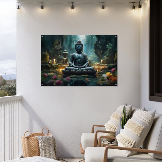 Tuinposter Boeddha - Tuindecoratie Buddha beeld - 120x80 cm - Tuindoek - Muurdecoratie voor buiten - Schuttingposter - Tuinschilderijen Japan zen - Tuinwanddecoratie - Tuinposters