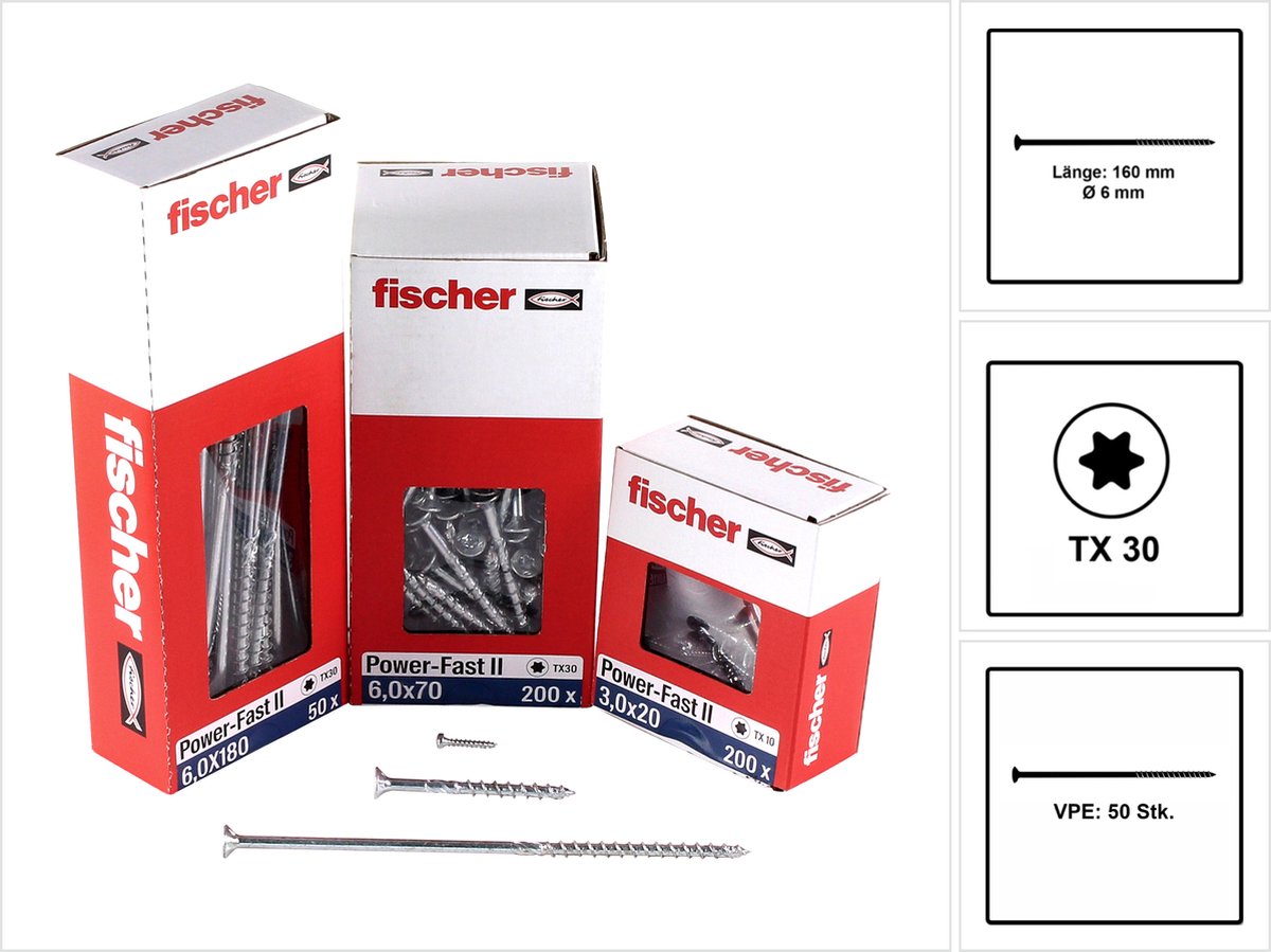 Fischer 50x Power-Fast II FPF II CTP 6 x 180 mm BC verzonken kop met binnenster TX30 deeldraad galvanisch verzinkt blauw gepassiveerd - 670695