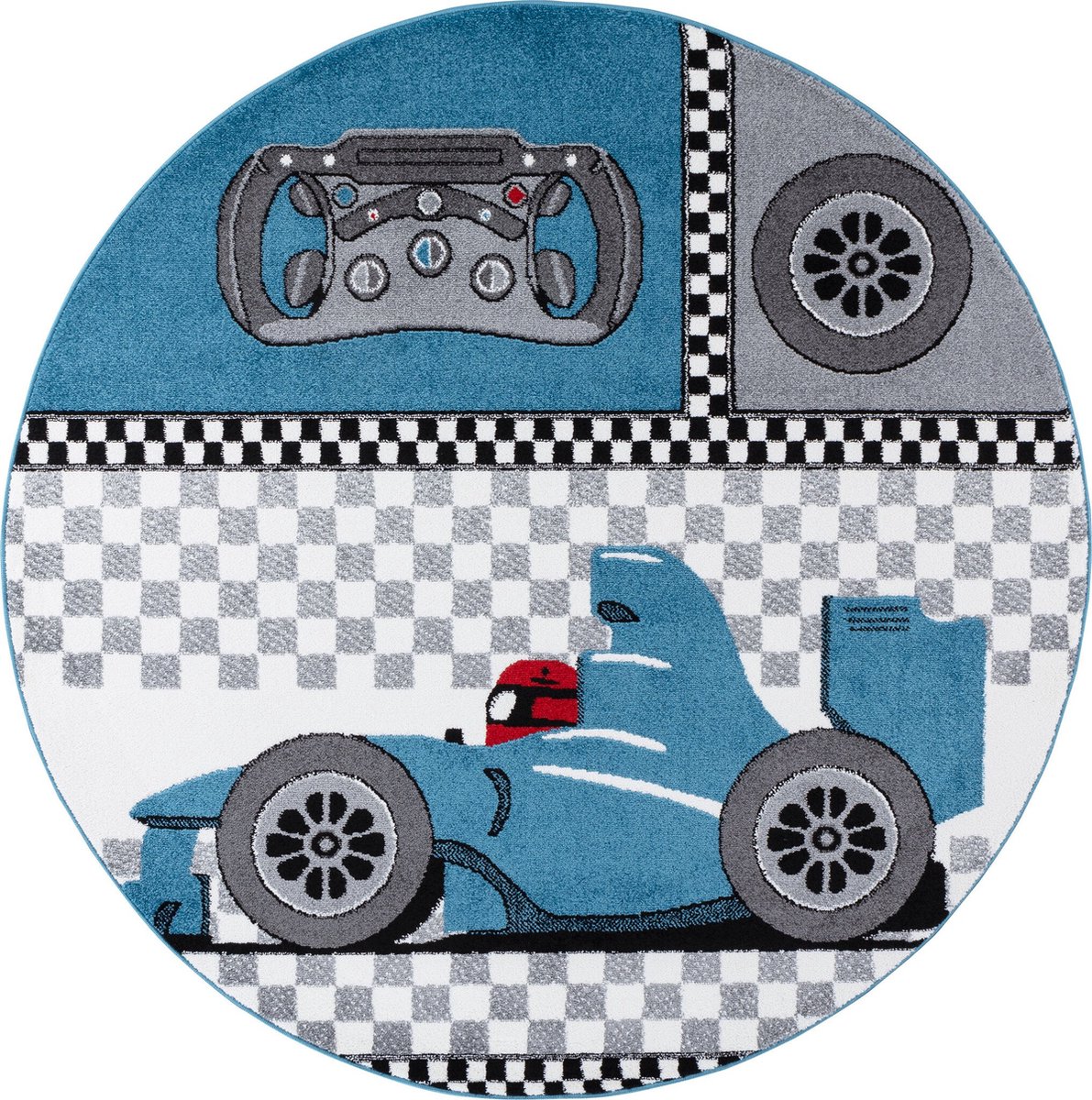 Flycarpets Flycarpets - Kids Kinderkamer Raceauto Blauw Vloerkleed Rond - 120x120 cm
