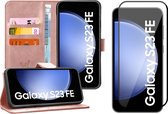 Hoesje geschikt voor Samsung Galaxy S23 FE - Screenprotector Volledig Dekkend Glas - Portemonnee Book Case Rosegoud