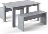 D&B Tafel - Eettafel - Set Met 2 Bankjes - Compleet - Eettafel Set - Tafel 90 x 140 cm - Kleur Beton