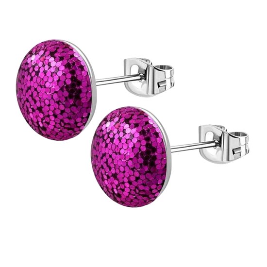 Aramat Jewels - Glitter Serie - Oorstekers - Roze - Zilverkleurig - Staal - 8mm - RVS - Roestvrij Staal - Geschenk - Feestdagen - Dames - Heren - Unisex - Elegante Sieraden