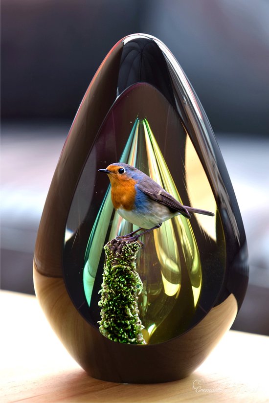 Urn voor crematie-as-Urn Premium Design Glas met afbeelding van een vogeltje/roodborstje -Urn met afbeelding dmv.hoge kwaliteit foto sign folie-Urn voor crematie-as-Deelbestemming-Urn Glas-60ml inhoud-Premium collectie-Transparante askamer