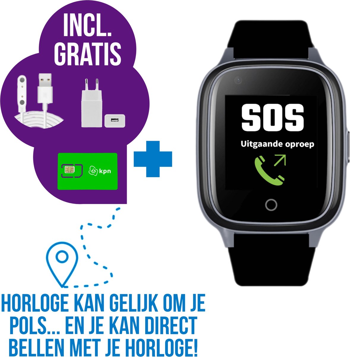 Wiesba WB34S - GPS Horloge Senior - Smartwatch voor Ouderen - Persoonlijke alarmen - alarm horloge ouderen - GPS Horloge Alzheimer - Valdetectie - Zwart