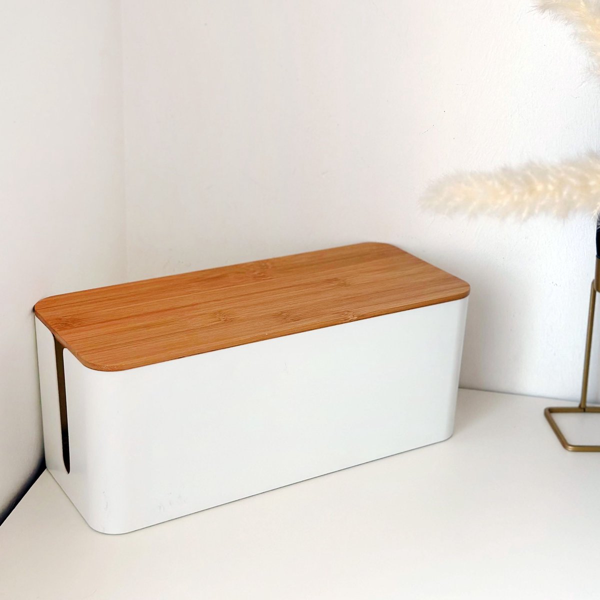 Intirilife Kabelbox met bamboe deksel in Wit - 32 x 12.5 x 13.5 cm ...