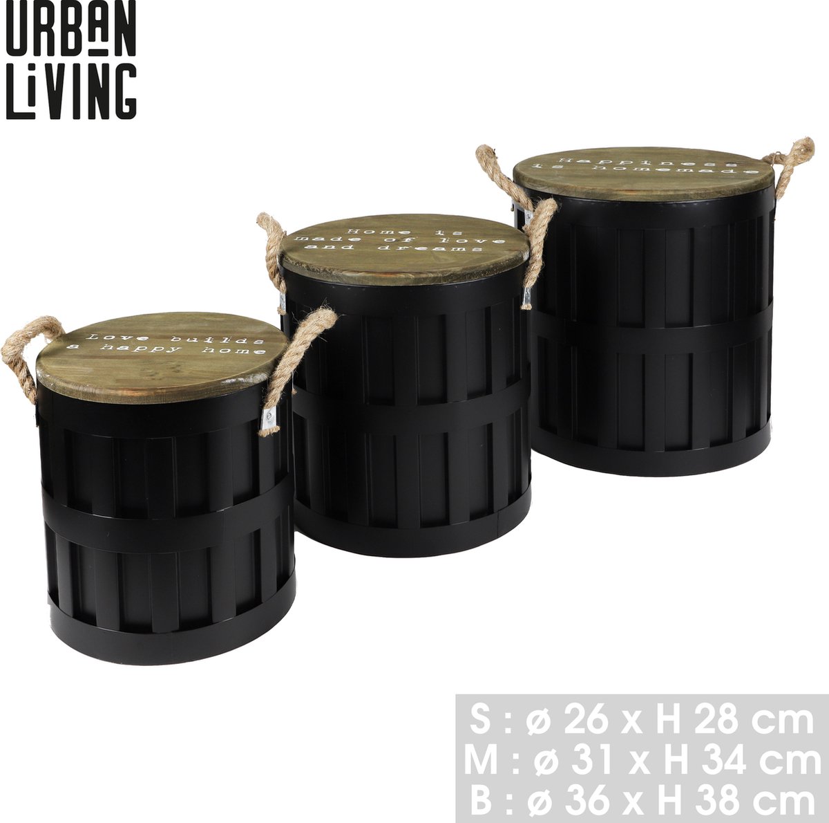 Urban Living "LOFT & METAL" - Set van 3 industriële metalen opbergvaten met deksel - S: Ø26 x H28 cm, M: Ø31 x H34 cm, L: Ø36 x H38 cm Zwart