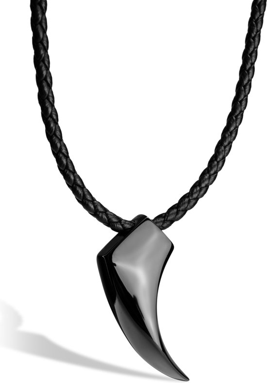 SERASAR Leren Herenketting [Wolf] - Zwart 50cm - Gevlochten Halsband