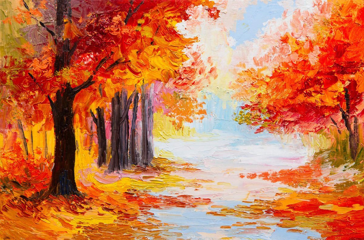 karo-art Schilderij - Geschilderde Herfstbos, Prachtige kleuren, Premium Print op canvas, Wanddecoratie Multikleur