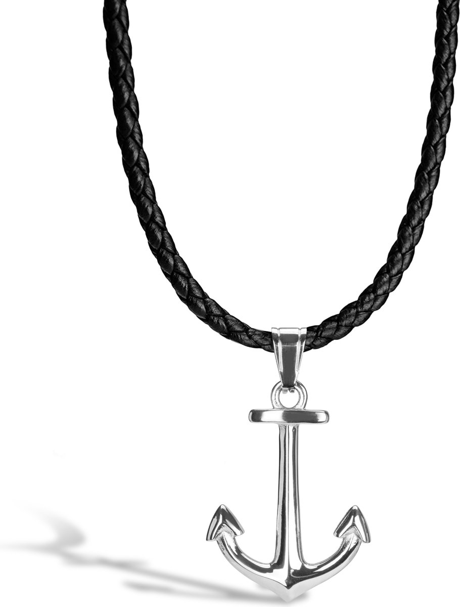 SERASAR Lederen Halsband Man [Anchor], Zilver 60cm, Premium Sieraden