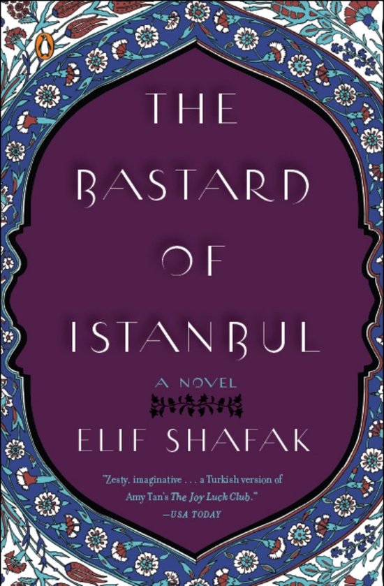 Boek 'The Bastard of Istanbul' van Elif Shafak, met paarse omslag en Ottomaanse rand.