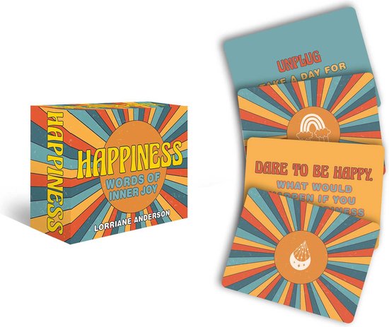 Doosje en kaarten met de tekst "HAPPINESS WORDS OF INNER JOY", Lorriane Anderson, en retro zon patronen. Kaarten tonen zinnen als "UNPLUG" en "DARE TO BE HAPPY".