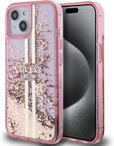 Guess Liquid Glitter Gold Stripe Back Case - Apple iPhone 15 (6.1") - Roze