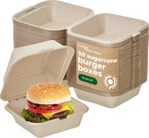 HAAGO 50 plateaux/boîtes à hamburger en canne à sucre (15x15 cm) - Boîtes en papier à emporter - Compostables