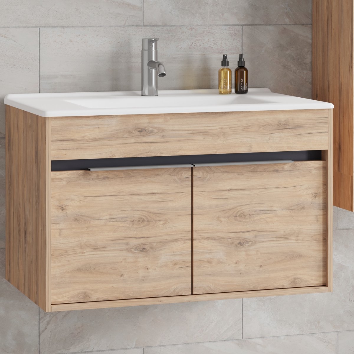 Kassel 80 cm Badkamermeubel Dorado – Softclose Semi-Handgreep, 2 Deuren, Keramische Wastafel