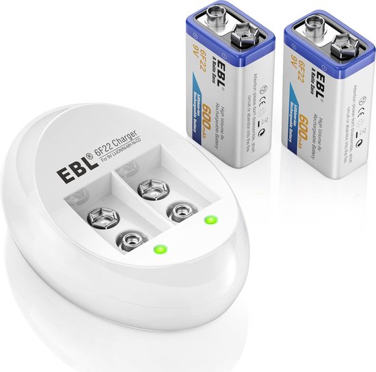 EBL Batterijlader met 2x Oplaadbare 9 Volt Batterij 600 mAh - Batterij oplader met LED Indicatoren voor Oplaadbare Batterijen