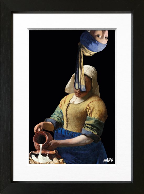 Kunstcadeau grappige kunst in het klein - Vermeer meisjes popart - zwart - ingelijst met fotografische passe-partout - 15x20cm