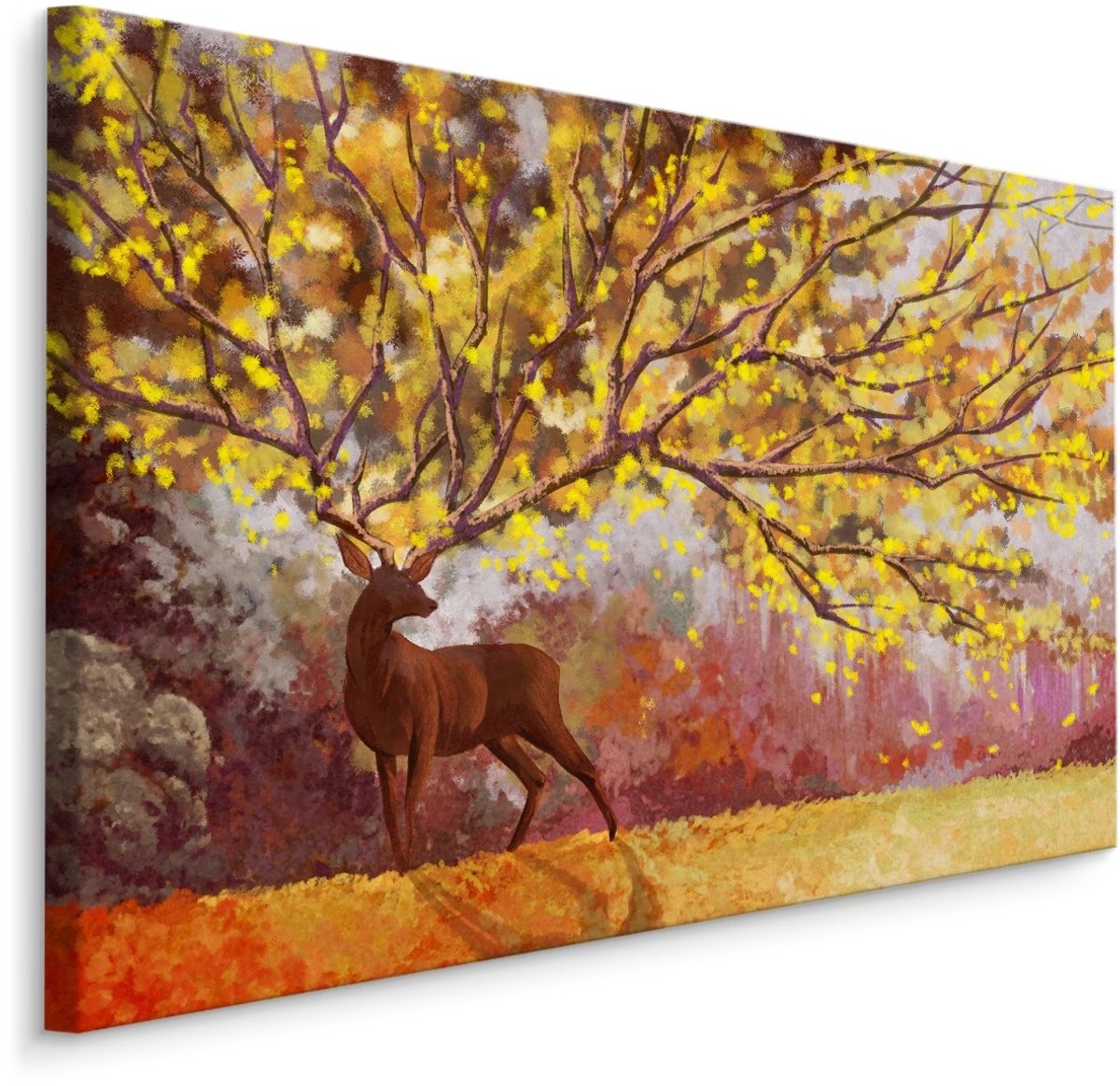 karo-art Schilderij - Hert met boom gewei (print op canvas), multi-gekleurd, wanddecoratie Multikleur