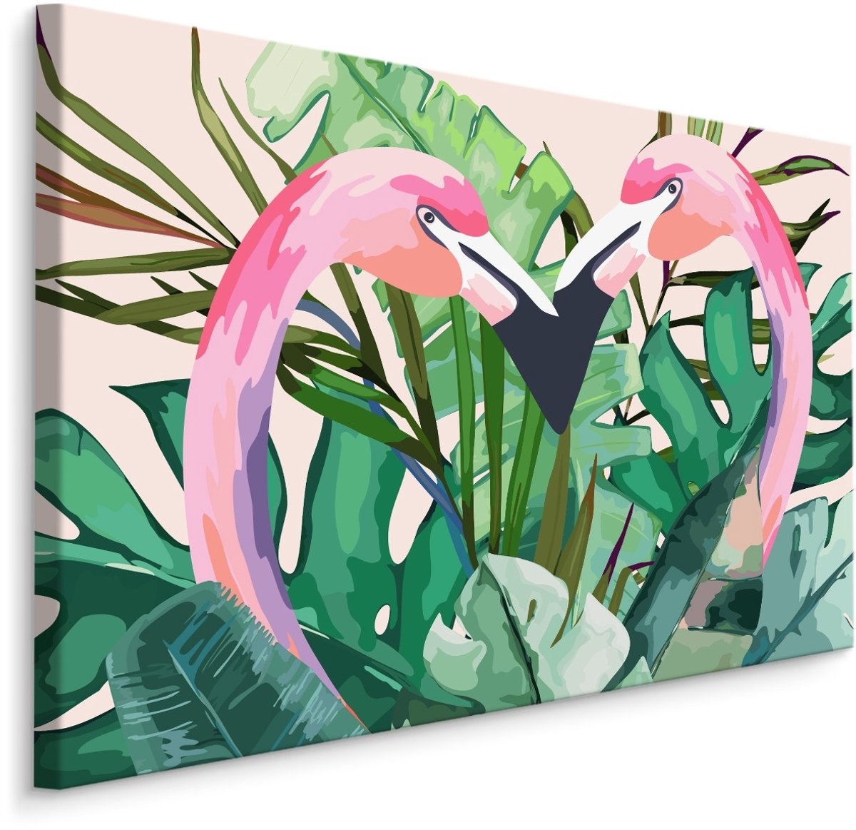 karo-art Schilderij - Flamingo's tussen tropische bladeren (print op canvas), roze/groen, 4 maten, premium print Multikleur