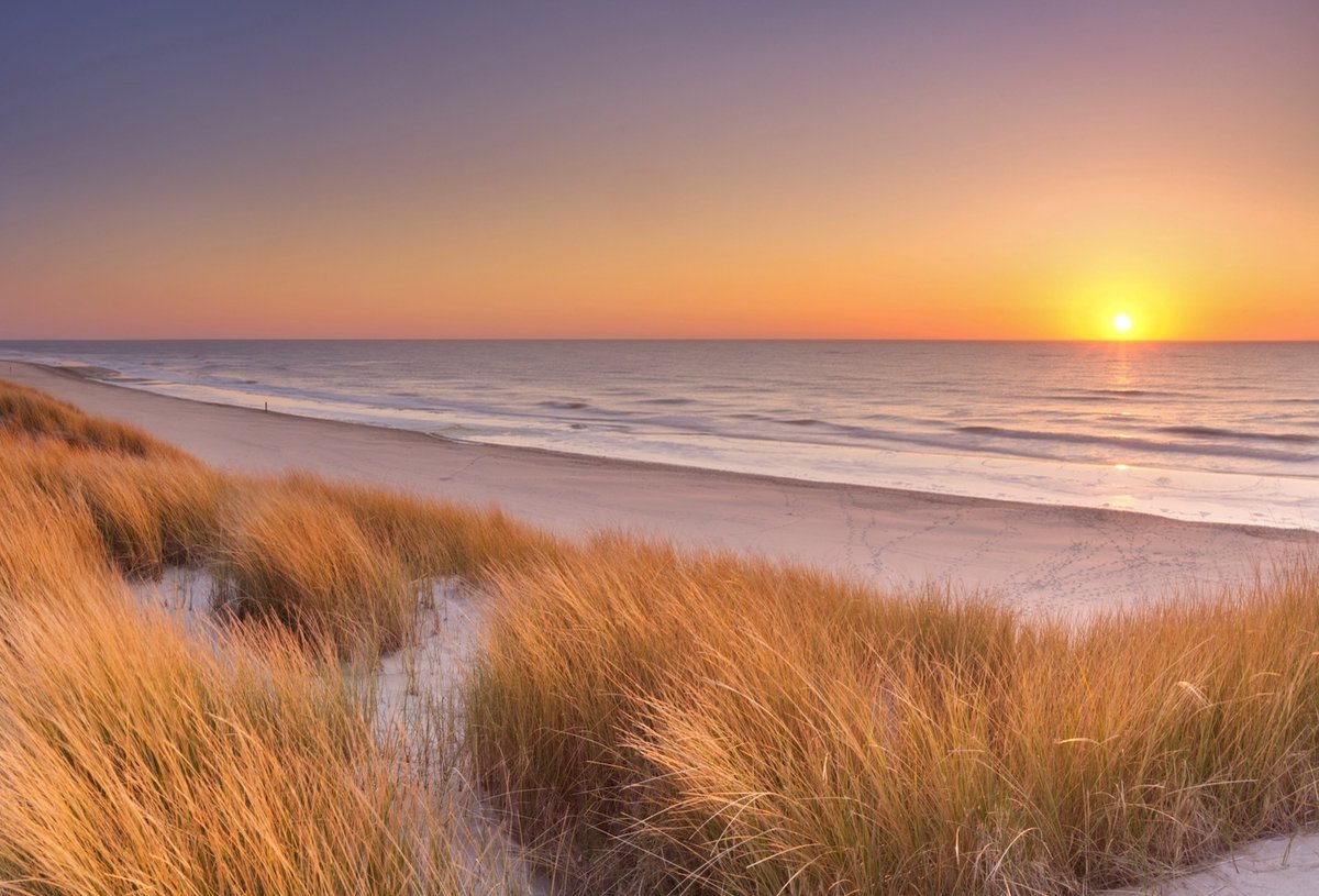 karo-art Schilderij - Duinen en strand bij zonsondergang op Texel , Multikleur ,2 maten , Premium print