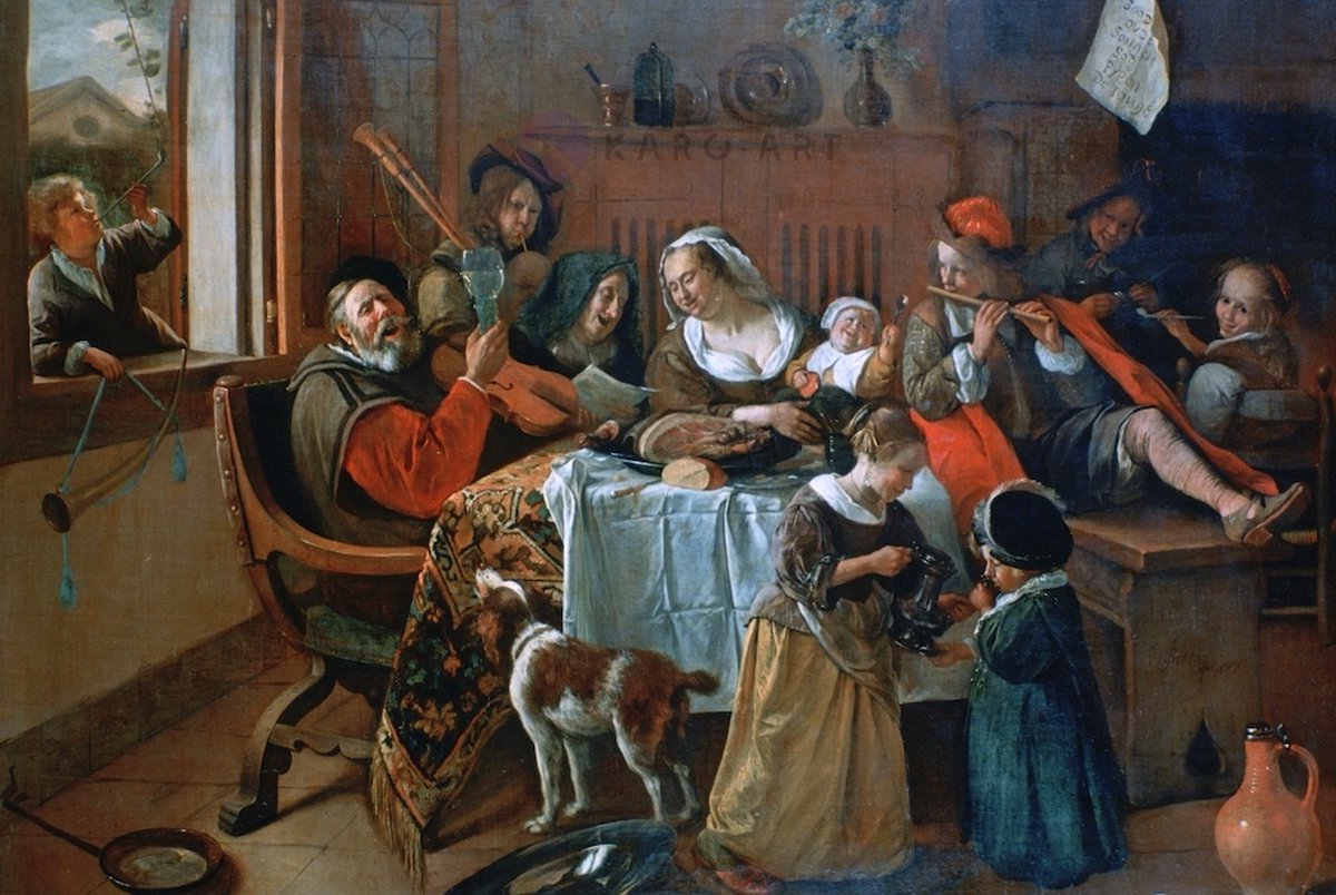 karo-art Schilderij - Vrolijk huisgezin, Jan Steen, in 2 maten, Museumstuk, wij gebruiken geen filters bij de ouder meesters Multikleur