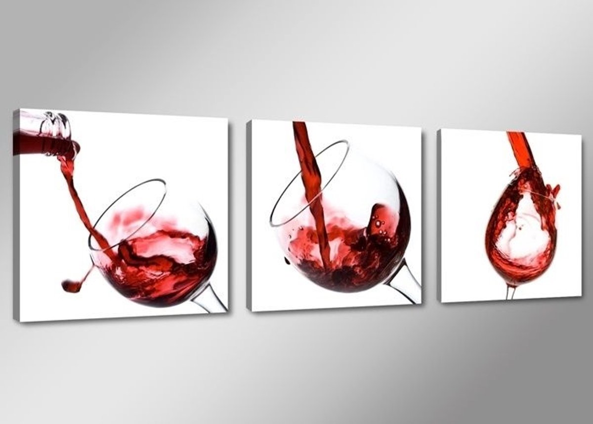 karo-art Schilderij - Rode Wijn, Rood/Wit, 150X50cm, 3luik Multikleur