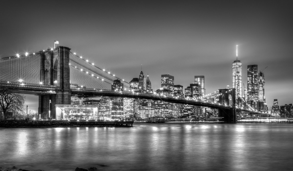 karo-art Schilderij - Brooklyn bridge, New York, USA, zwart,wit , 2 maten , Premium print, een aanrader Multikleur