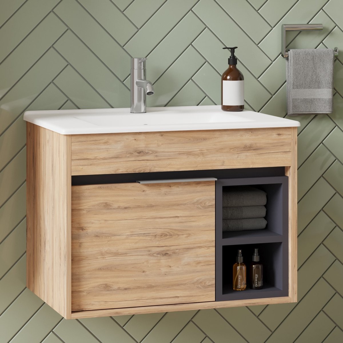 Aachen 65 cm Dorado - Onderkast MDF Softclose Semi handgreep 1 deur met Keramische Wastafel 1 kraangat - Wastafelmeubel Met Frame Wastafels
