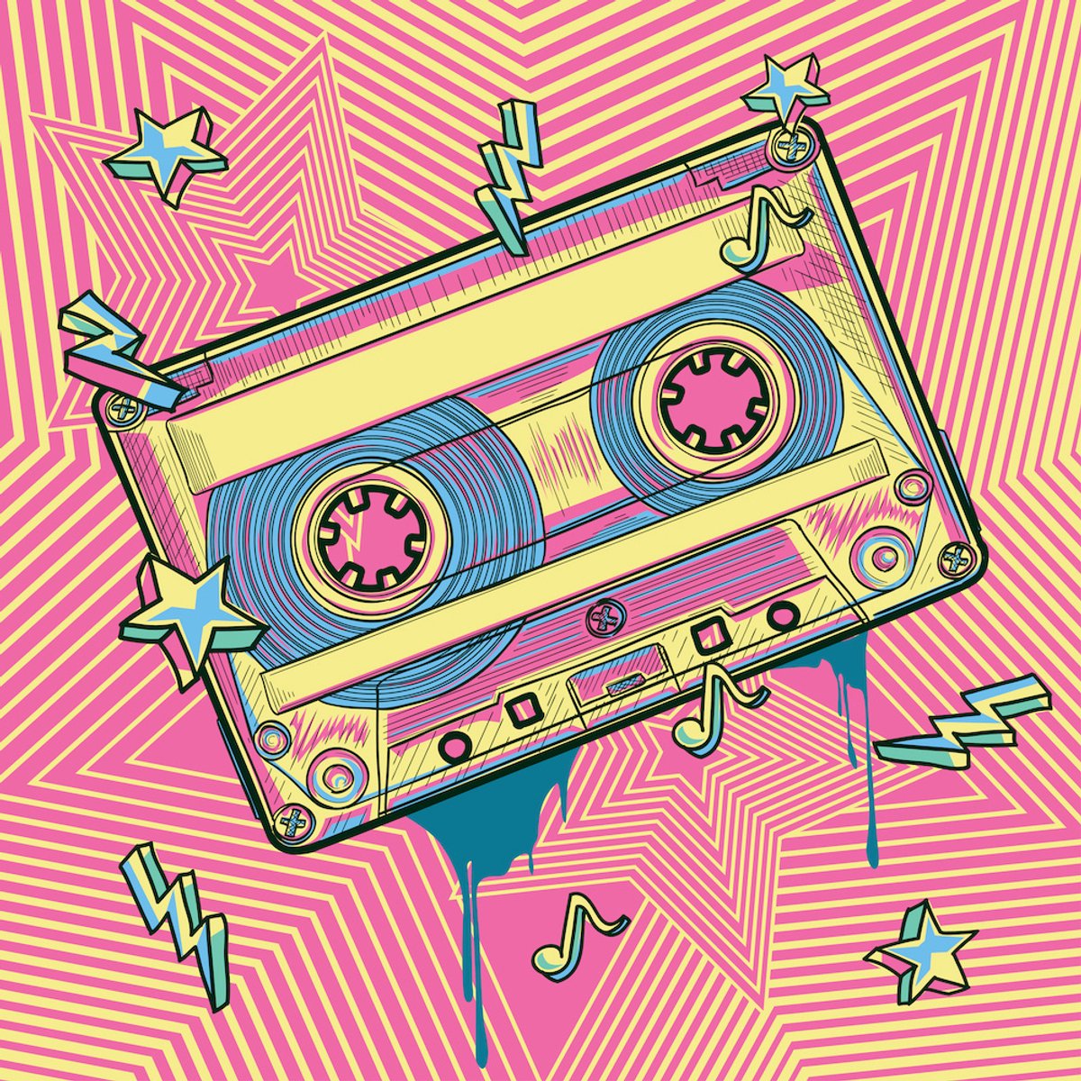 karo-art Schilderij - Cassette bandje, retro, roze,geel , 3 maten ,Premium Print Multikleur