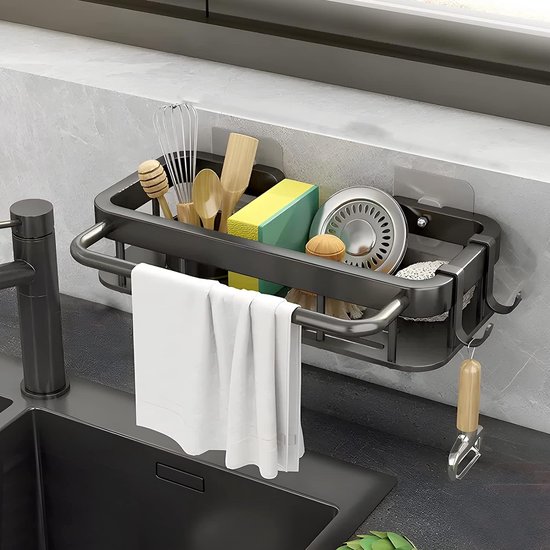 Foto: Spoelbak organizer voor keuken geen boren keuken caddy houder opbergruimte voor keukenaccessoires wastafel organizer keuken sponshouder organizer mand zwart met handdoekhouder en haken