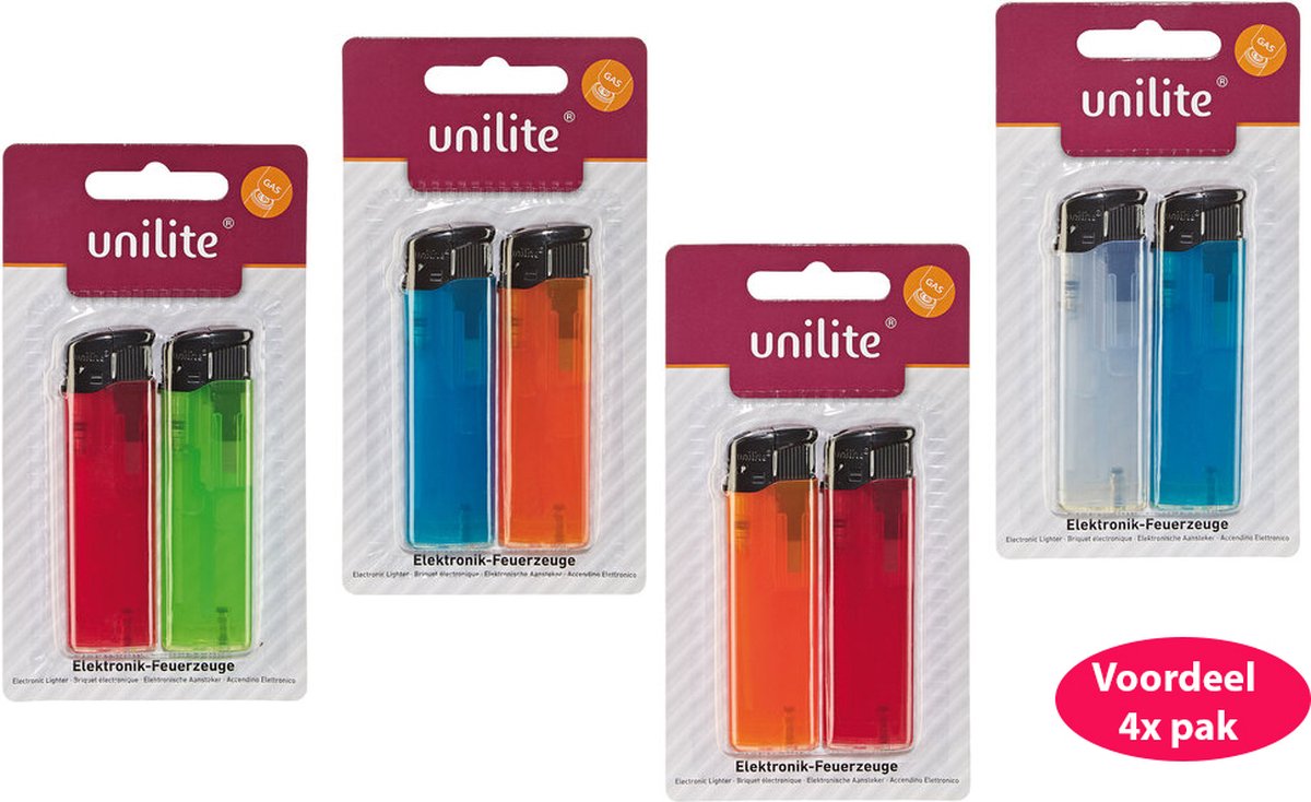 Goedkoopste Aansteker Unilite® - 4x blister van 2 stuks - totaal 8 stuks aanstekers - transparant kleur - navulbaar - klik systeem - verstelbaar vlam - lighter