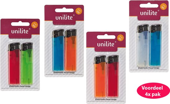 Aansteker Unilite® - 4x blister van 2 stuks - totaal 8 stuks aanstekers - transparant kleur - navulbaar - klik systeem - verstelbaar vlam - lighter
