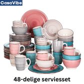 CasaVibe Serviesset – 48 delig – 12 persoons – Porselein - Luxe – Bordenset – Dinner platen – Dessertborden - Roze - Multi Color - Complete Set