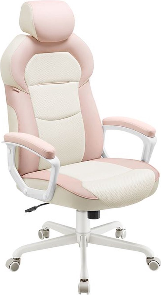 Signature Home Pinky Bureaustoel - Bureaustoel gewatteerde armleuningen pastelroze - PU-bureaustoel met verstelbare hoofdsteun en wipfunctie