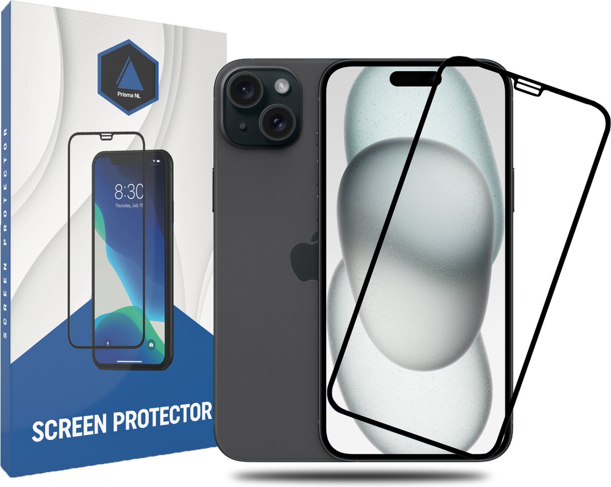 Prisma NL® iPhone Screenprotector voor iPhone 15 Plus - Premium - Beschermglas - Gehard glas - 9H - Zwarte rand - Tempered Glass - Full cover