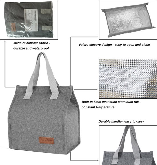 Rainbecom - Koeltassen - Lunchtas - 22.5x25.5x13 cm - 6 Liter - Grijs - Isolatie - 300D Kationisch Polyester - Klittenbandsluiting - Handvat Riem - Koeltas - Lunch Bag - Geïsoleerde Koeltas - Picknicktas van Rainbecom — afbeelding 5