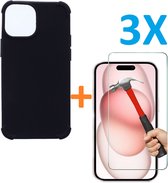 Shock-proof silicone hoesje met 3 Pack Tempered glas Screen Protector - zwart - Geschikt voor: iPhone 15 Plus