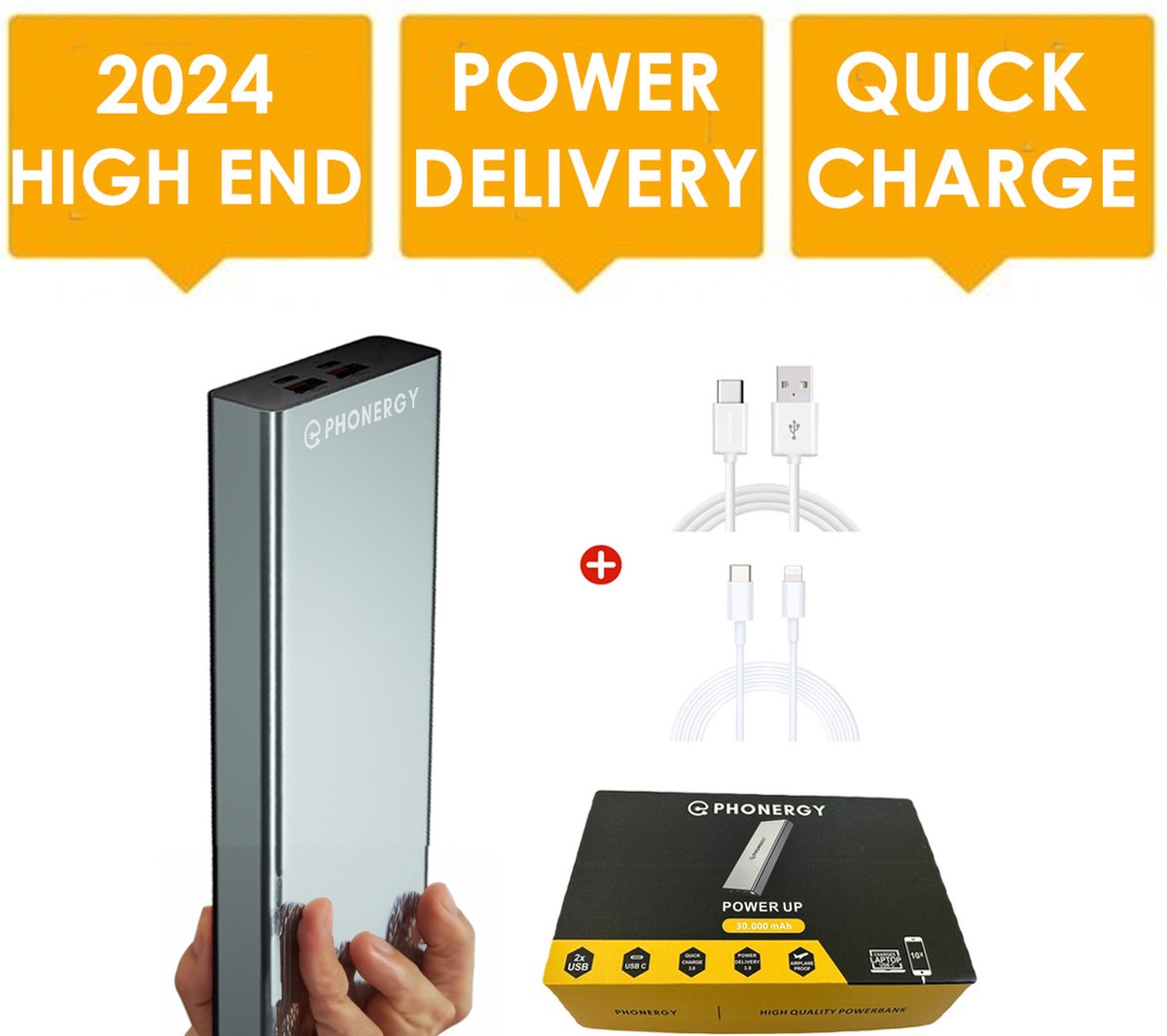 Phonergy Power Up 2 - Powerbank - Powerbank 30000 mAh -105W - USB/USB-C - 4 poorten - Quick charge - Power delivery - Laptop - Powerbank iPhone - Powerbank Samsung - Spacegrey