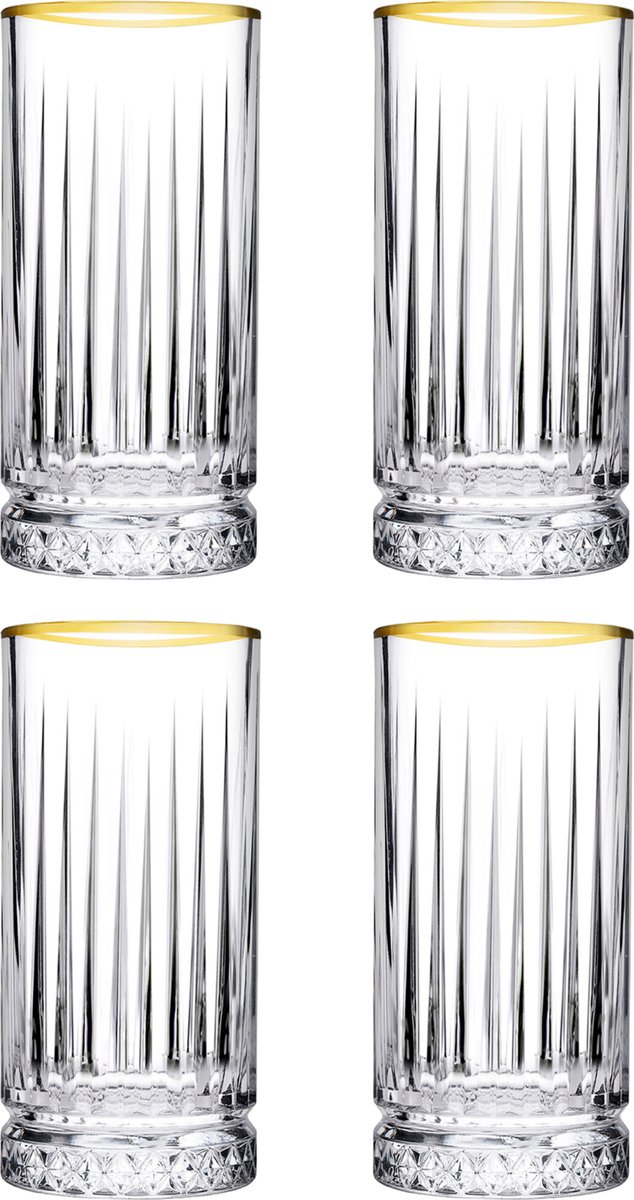 Glozini Luxe Longdrinkglas met Gouden Rand - Set van 4 - Ripple/Riffle Glas