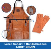Leren Schort - Barbecue Schort met Handschoenen - Licht Bruin/Cognac - BBQ Accessoires - Lederen Handschoenen met Schort