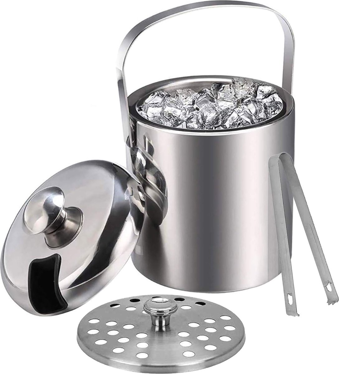 IJsemmer met deksel tang en zeef 1 3 liter roestvrij staal design met twee verdiepingen ijsblokjeshouder ijskoeler voor huisbar voor het koelen van bier champagne