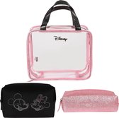 Set van drie roze en zwarte DISNEY Minnie Mouse reis toilettassen met ritssluiting, 3 stuks