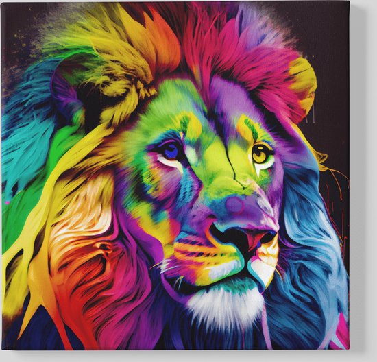 Peinture sur toile - Animaux - Lion coloré - Décoration murale - 100x100x2 cm