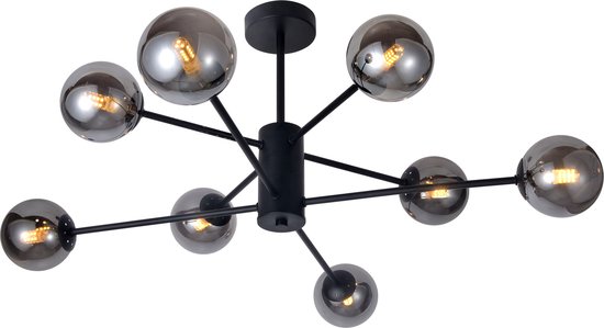 Design zwarte plafondlamp met smoke glas - 8-lichts Idaho