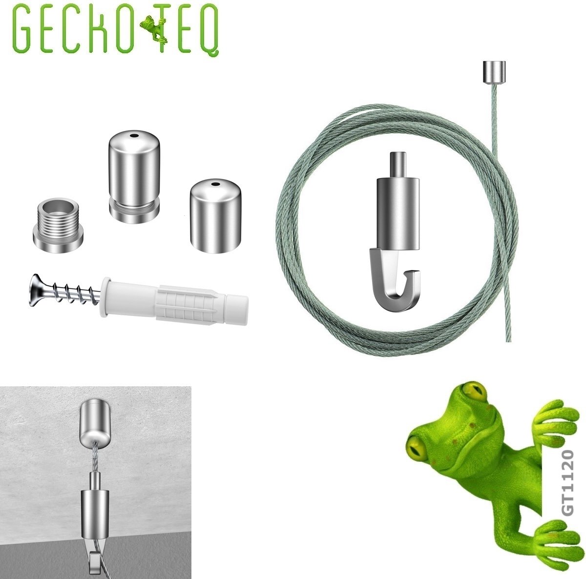 GT1120 GeckoTeq 1 x set plafondanker-met draad-en grijper haak-ophangsysteem