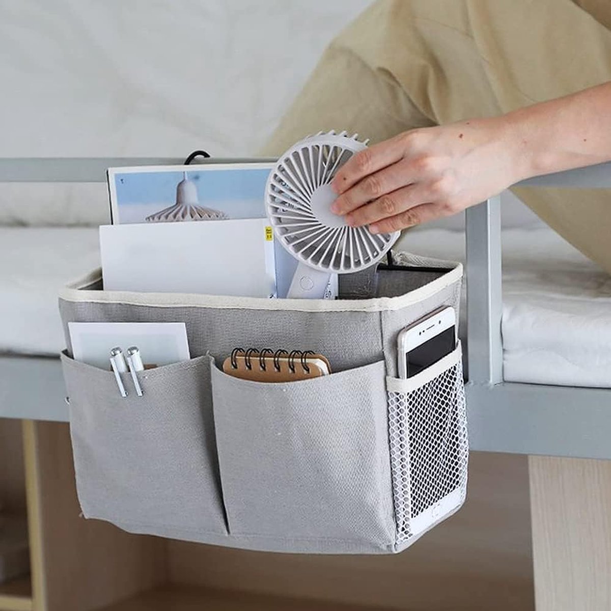 Organisateur De Chevet Et Canapé Rose – 1 Grand Sac Suspendu + 2 Petits Poches, Coton Lin Et Velours