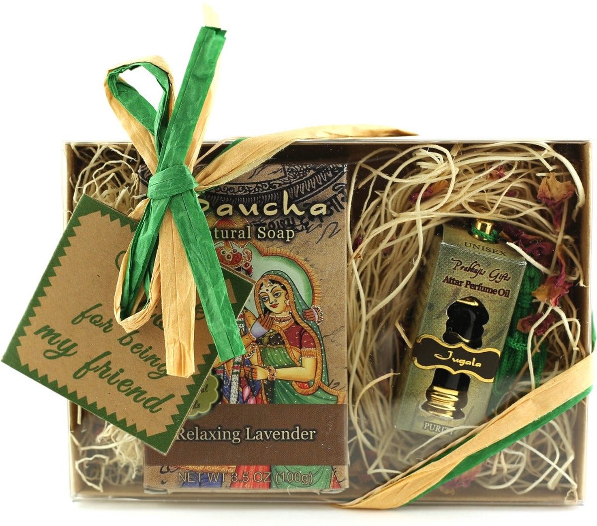 Goedkoopste Cadeauset met Sauchazeep en attarolie Jugala (puurheid), 'Thank you for being my friend', Prabhuji's Gifts, vegan